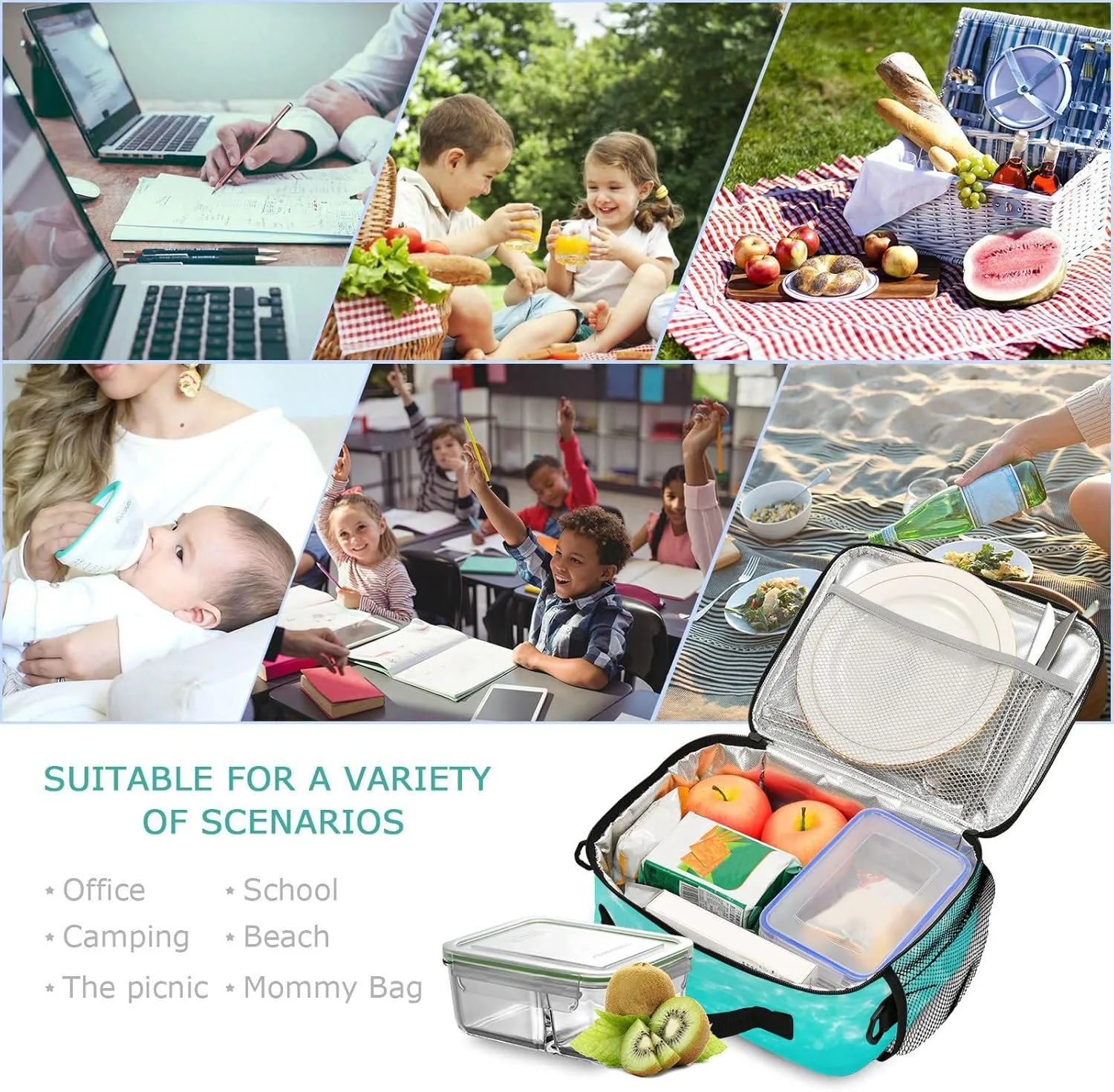 Sea Turtle Teal Lunch Box for Boys Girls Insulated Lunch Bag Kids Cooler Tote Shoulder Strap Reusable School Picnic Travel Office