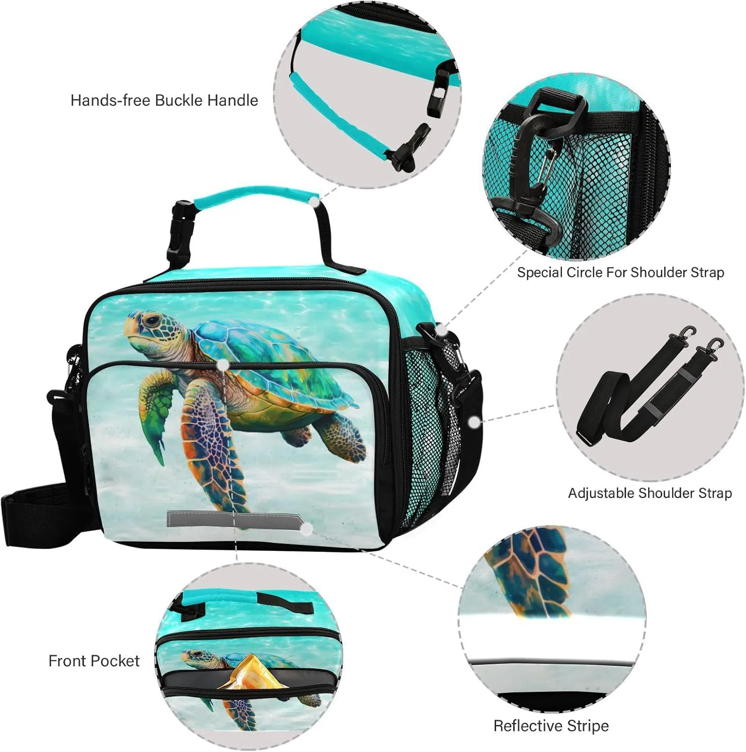 Sea Turtle Teal Lunch Box for Boys Girls Insulated Lunch Bag Kids Cooler Tote Shoulder Strap Reusable School Picnic Travel Office