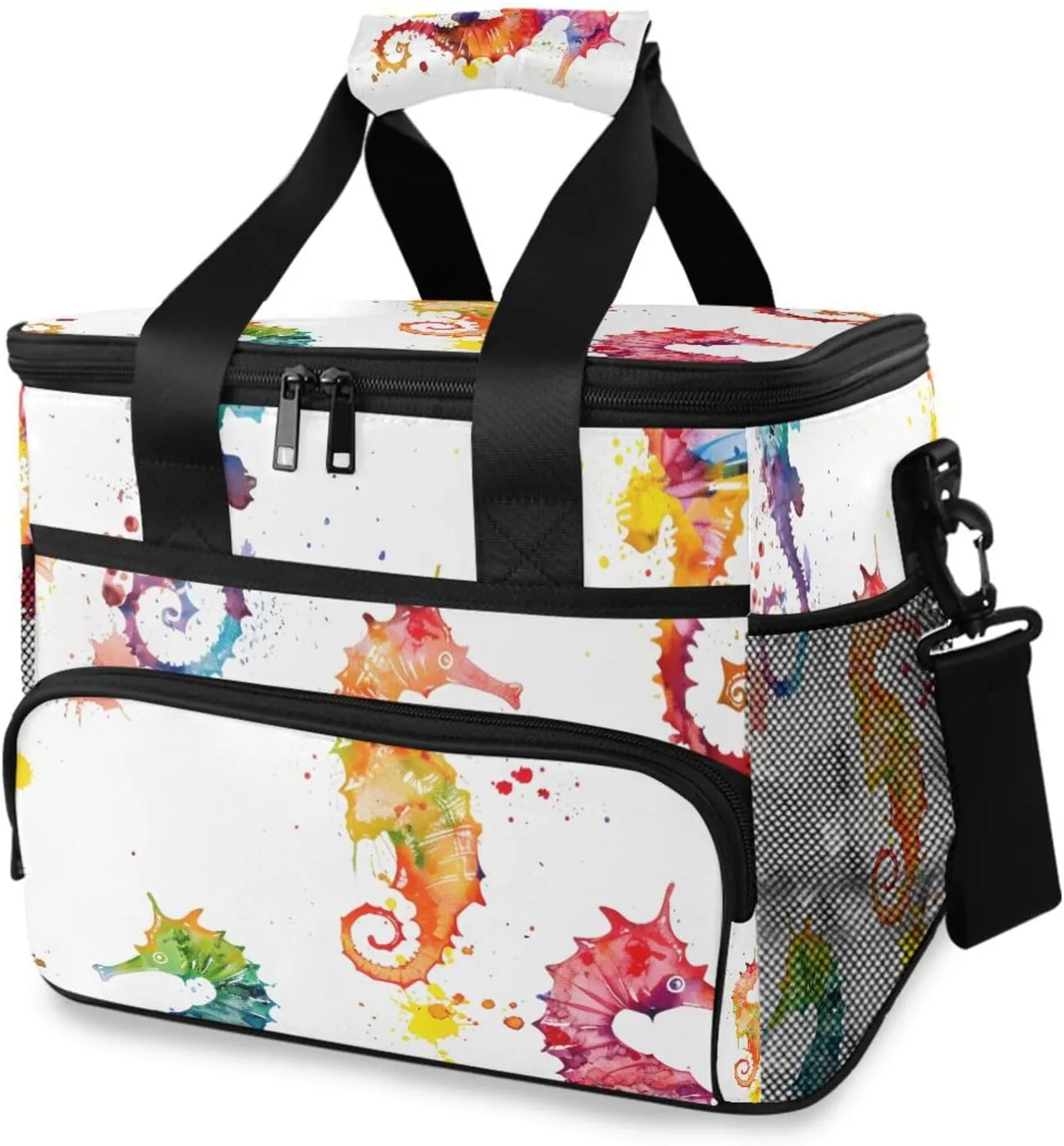 Seahorses Colorful White Cooler Bag Insulated Cooler Soft Sided Cooler 24 Can Portable Picnic Bag Large Leakproof Lunch Bag Box for Beach Grocery Camping Travel Car Men Women