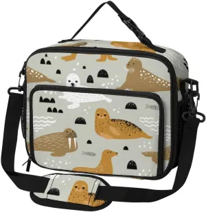 Seal And Walrus Pattern Lunch Bag Insulated Lunch Tote Shoulder Bag for Men Women Work Travel Picnic