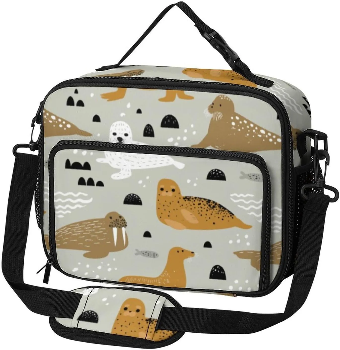 Seal And Walrus Pattern Lunch Bag Insulated Lunch Tote Shoulder Bag for Men Women Work Travel Picnic