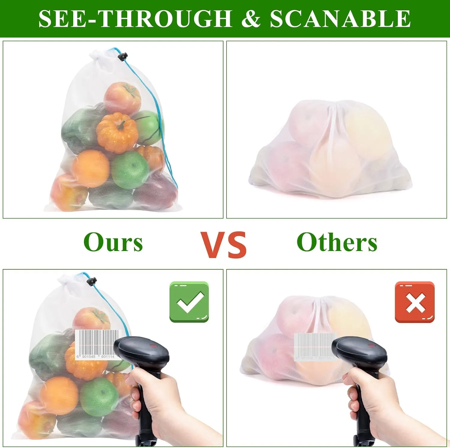 Set of 12 Washable Mesh Produce Bags - 12 Small Red (8"x12") See-Through Mesh Bags for Storage, Fruit, Vegetable, Toy