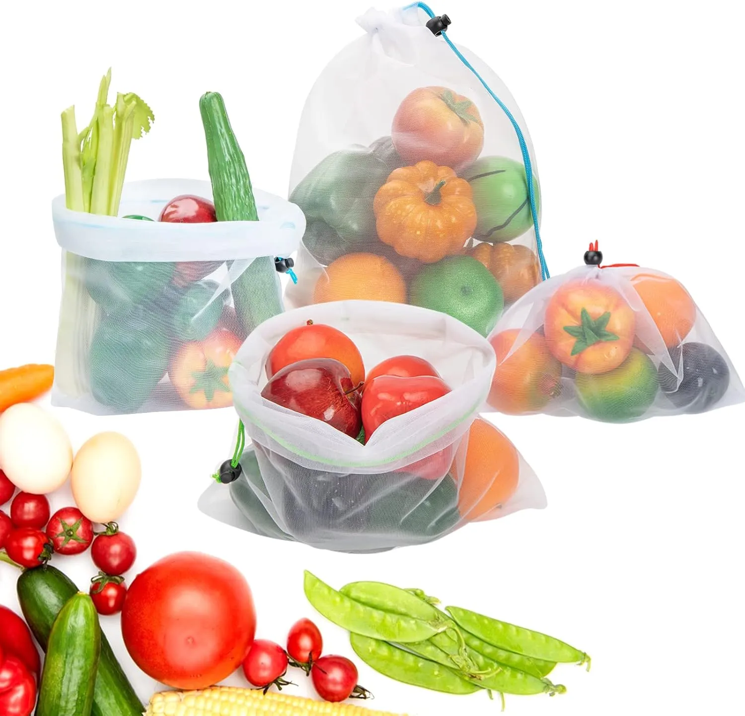Set of 12 Washable Mesh Produce Bags - 12 Small Red (8"x12") See-Through Mesh Bags for Storage, Fruit, Vegetable, Toy