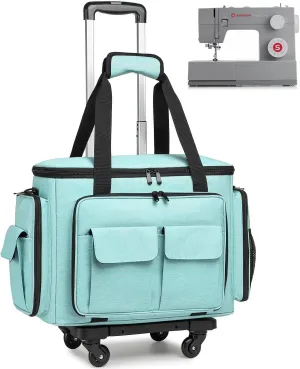 Sewing Machine Case with Wheels - Rolling Sewing Machine Tote with Removable Bottom Pad & Multiple Storage Pockets, Compatible with Singer & Brother (Teal)
