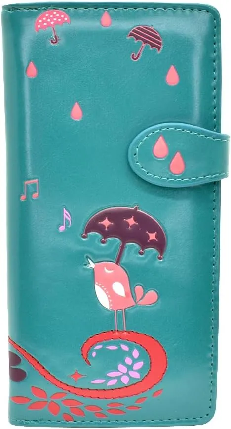 Shag Wear Women's Premium Vegan Clutch Cardholder Zipper Wallet Purse with Singing In The Rain, Jade
