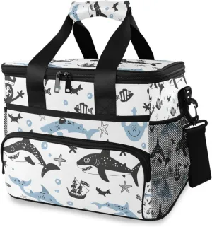 Shark Starfish Ocean Map Cooler Bag Insulated Cooler Soft Sided Cooler 24 Can Portable Picnic Bag Large Leakproof Lunch Bag Box for Beach Grocery Camping Travel Car Men Women