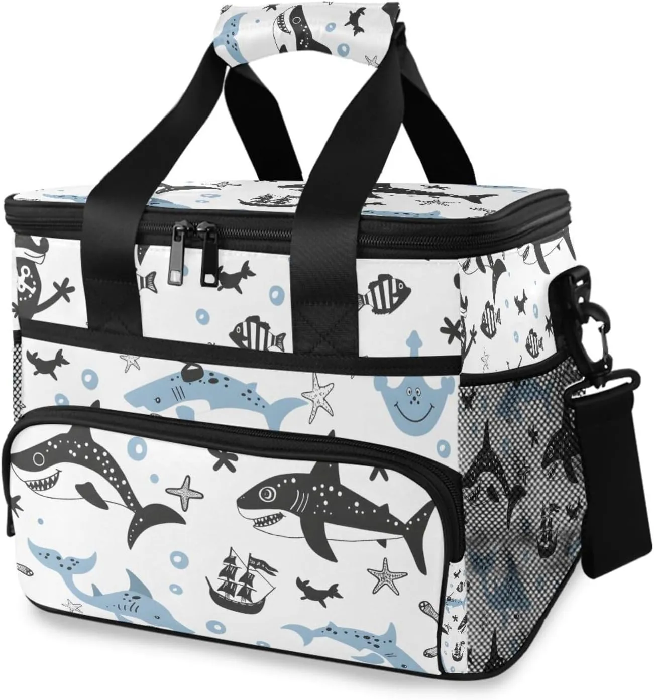 Shark Starfish Ocean Map Cooler Bag Insulated Cooler Soft Sided Cooler 24 Can Portable Picnic Bag Large Leakproof Lunch Bag Box for Beach Grocery Camping Travel Car Men Women