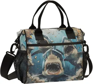 Sharks Break Through Walls Lunch Bag Women Cooler Bags Lunch Tote Bags for Men Reusable Insulated Lunch Box Crossbody with Shoulder Strap Leakproof Work Picnic S