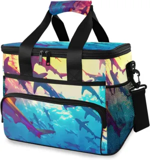 Sharks Colorful Ocean Cooler Bag Insulated Cooler Soft Sided Cooler 24 Can Portable Picnic Bag Large Leakproof Lunch Bag Box for Beach Grocery Camping Travel Car Men Women