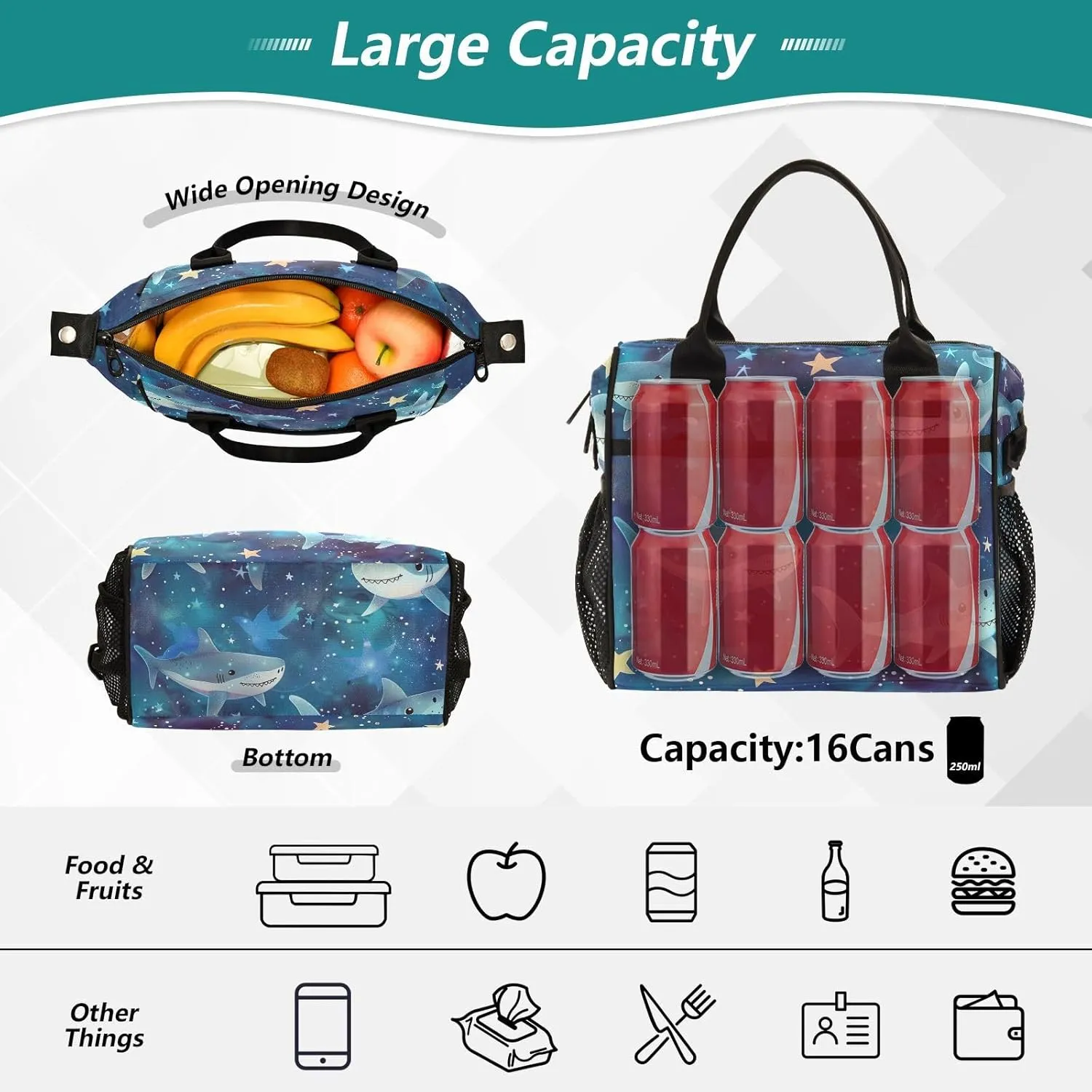 Sharks Soar in The Starry Sky Insulated Lunch Box for Men Large Lunch Bag for Women Cooler Tote Bag-S