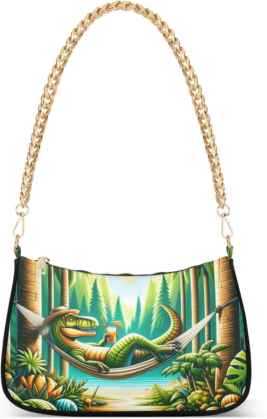 Shoulder Bags for Women A Dinosaur Vacationing in The Forest Hobo Tote Handbag Small Clutch Purse with Zipper Closure