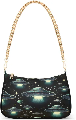 Shoulder Bags for Women Flying Saucer in Dark Cosmos Space Hobo Tote Handbag Small Clutch Purse with Zipper Closure