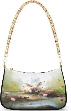 Shoulder Bags for Women Pig with Pink Flowers in Creek Hobo Tote Handbag Small Clutch Purse with Zipper Closure