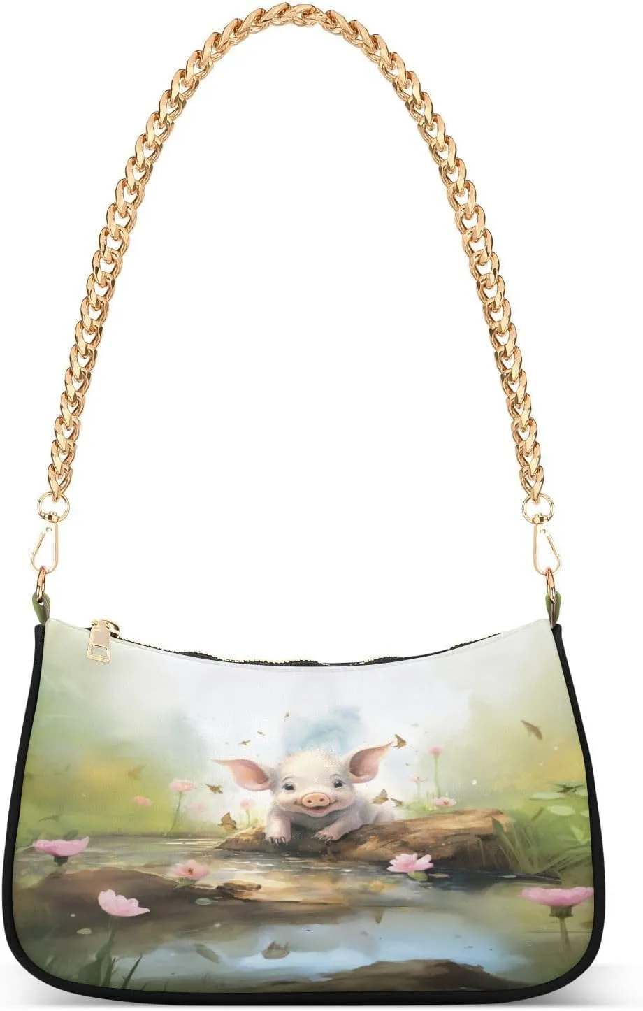 Shoulder Bags for Women Pig with Pink Flowers in Creek Hobo Tote Handbag Small Clutch Purse with Zipper Closure