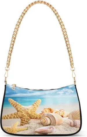 Shoulder Bags for Women Starfish and Seashells on The Beach Hobo Tote Handbag Small Clutch Purse with Zipper Closure