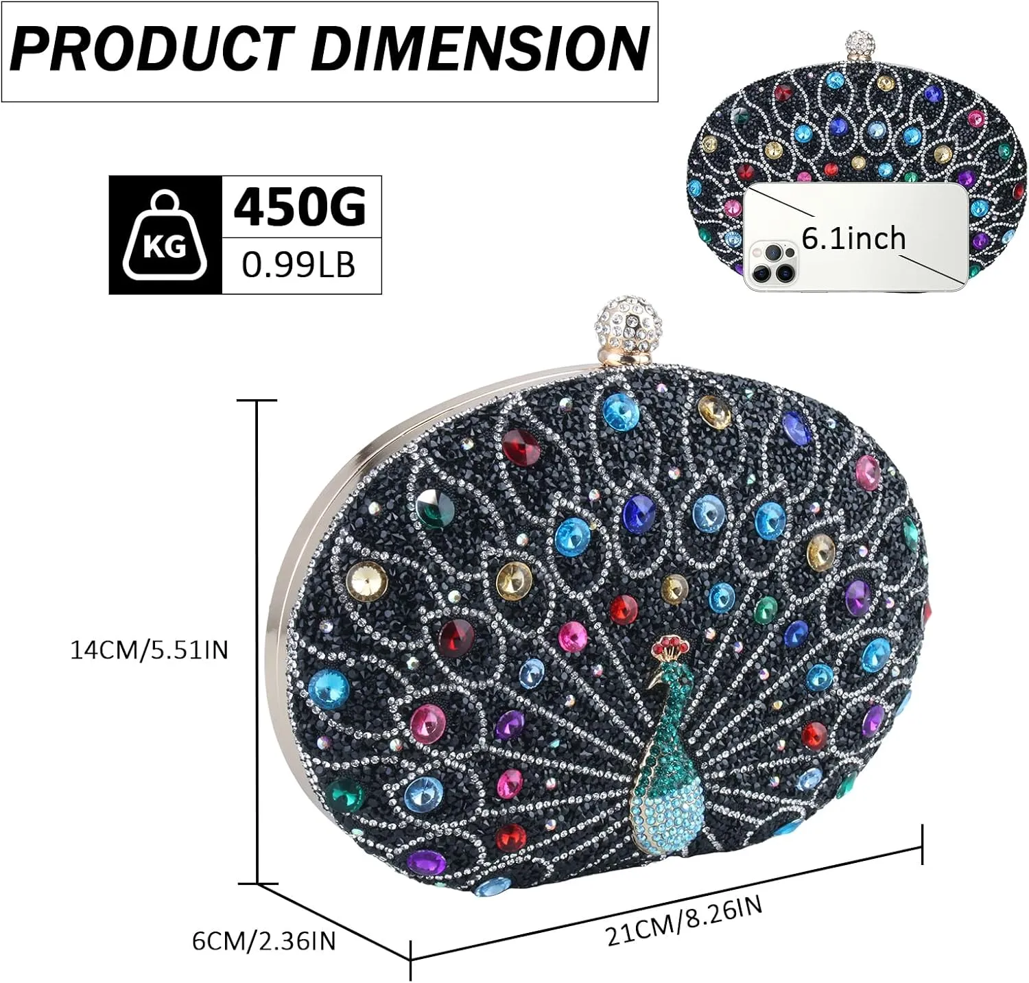 Simcat Clutch Purses for Women, Rhinestone Glitter Peacock Evening Handbag Formal Clutch Bag for Wedding Party Prom