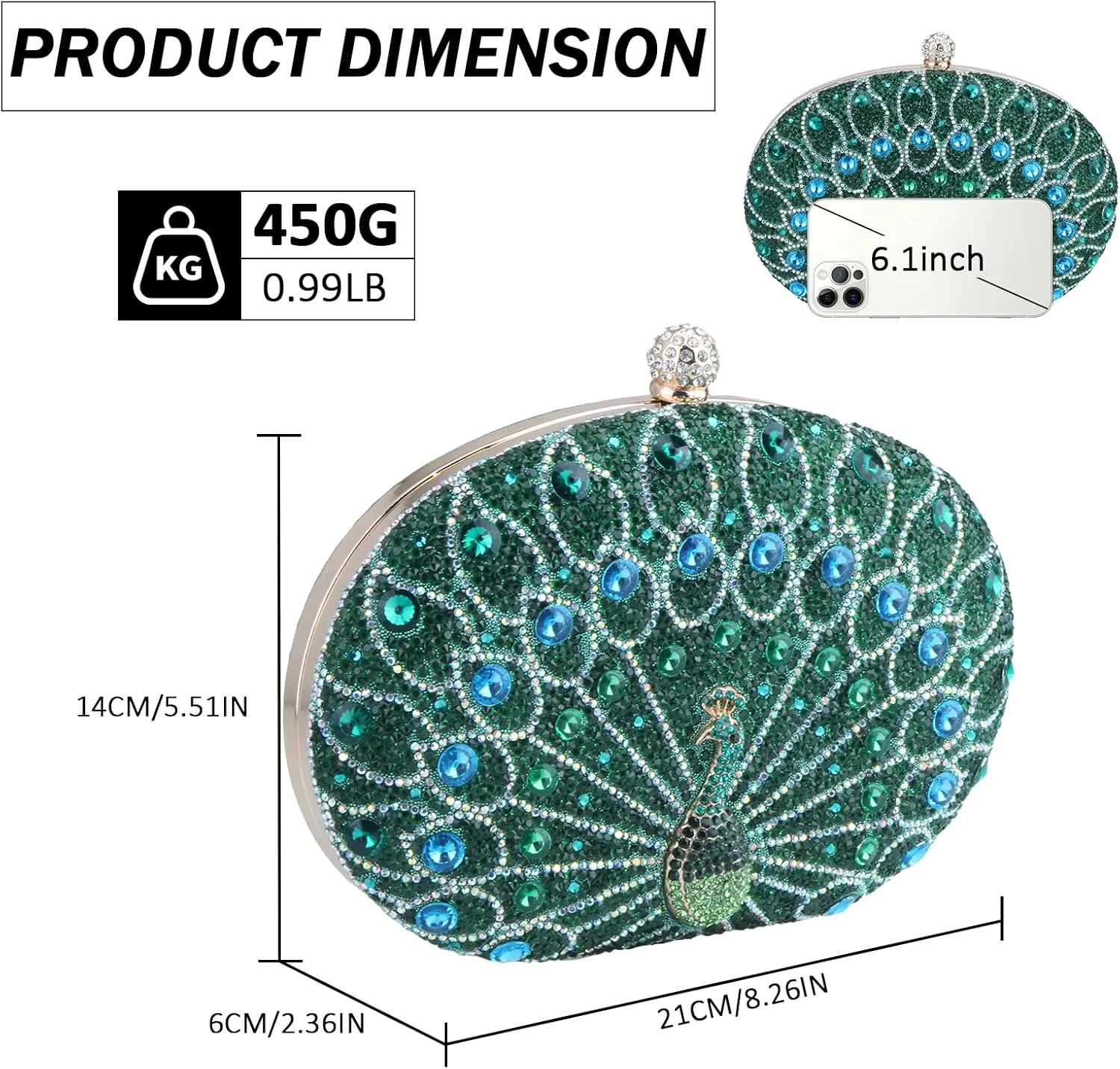 Simcat Clutch Purses for Women, Rhinestone Glitter Peacock Evening Handbag Formal Clutch Bag for Wedding Party Prom