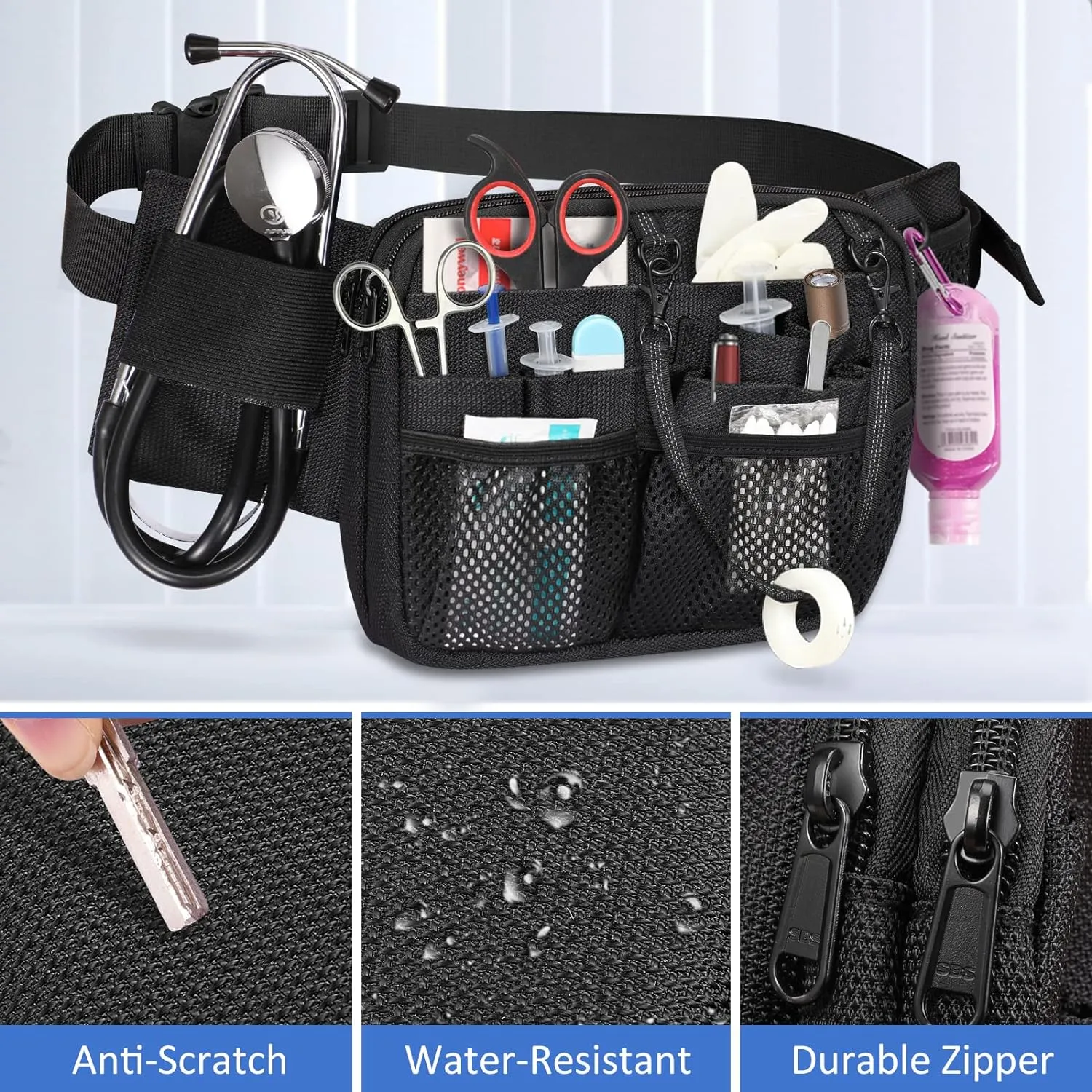 SITHON Nurse Fanny Pack with Tape Holder, Multi Compartment Medical Gear Pocket Nursing Organizer Belt Bag, Apron Hip Bag Utility Waist Pack for Stethoscopes Bandage Scissors Medical Supplies (Black)