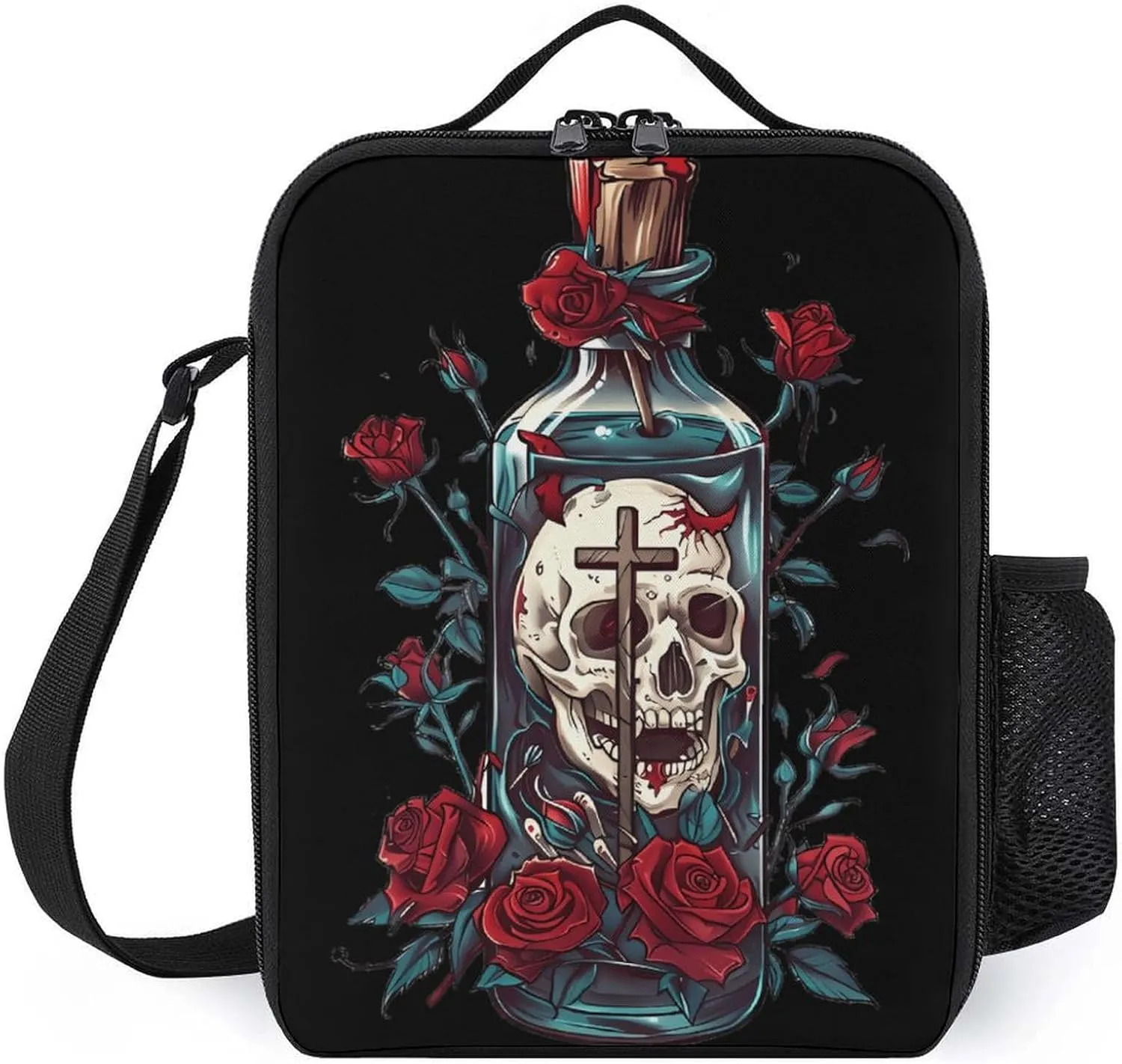 Skull In Jar Rose Portable Lunch Bag Shoulder Bag Insulated Lunch Box Holder Tote Handbag For Work Office Travel
