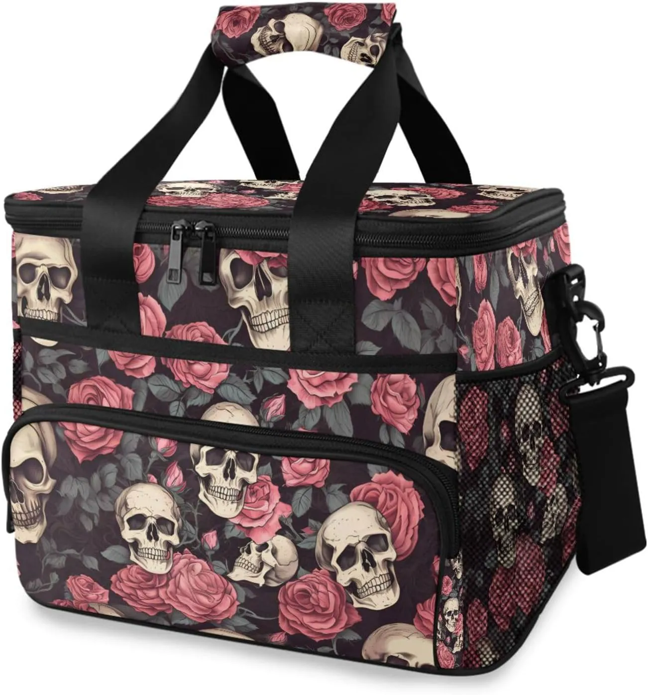 Skull Red Rose Flower Skeleton Gothic Cooler Bag Insulated Cooler Soft Sided Cooler 24 Can Portable Picnic Bag Large Leakproof Lunch Bag Box for Beach Grocery Camping Travel Car Men Women