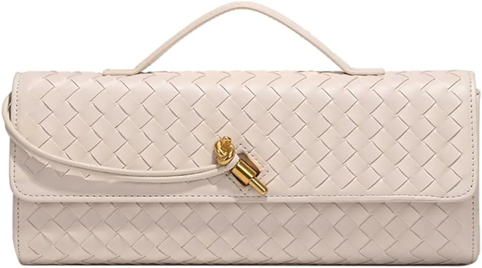 SKYK Beige Clutch Purses for Women Handmade Woven Evening Bag Shoulder Crossbody Bags PU Leather Handbag (Beige)