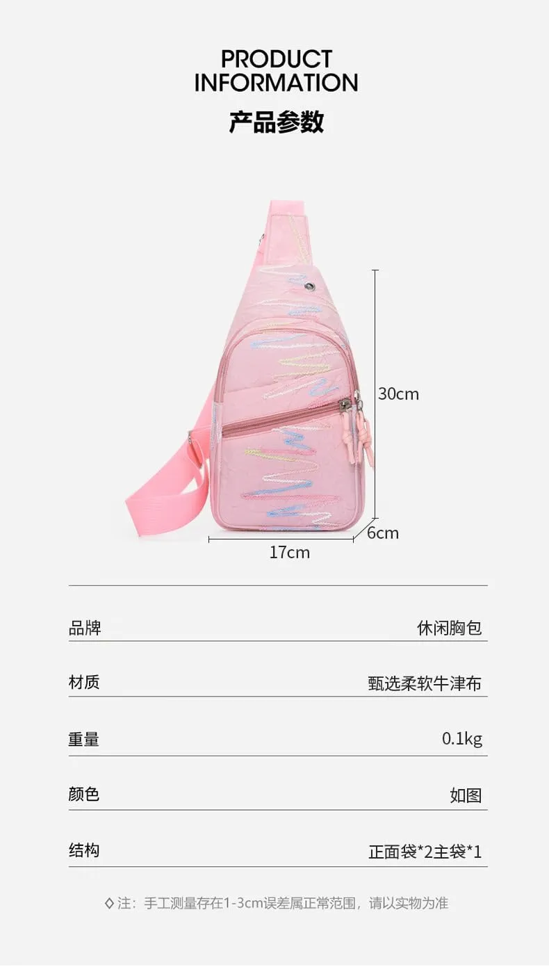 Sling Backpack, Pink Pastel Crossbody Bag with Decorative Stitching, Multi-Pocket Design (white)