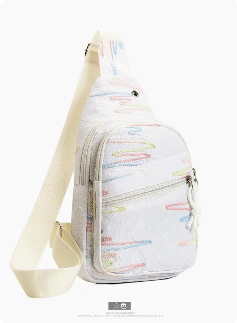 Sling Backpack, Pink Pastel Crossbody Bag with Decorative Stitching, Multi-Pocket Design (white)