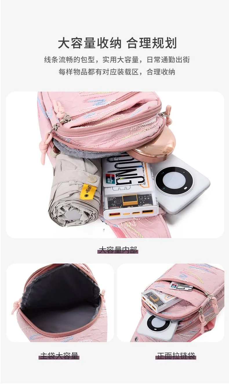 Sling Backpack, Pink Pastel Crossbody Bag with Decorative Stitching, Multi-Pocket Design (white)
