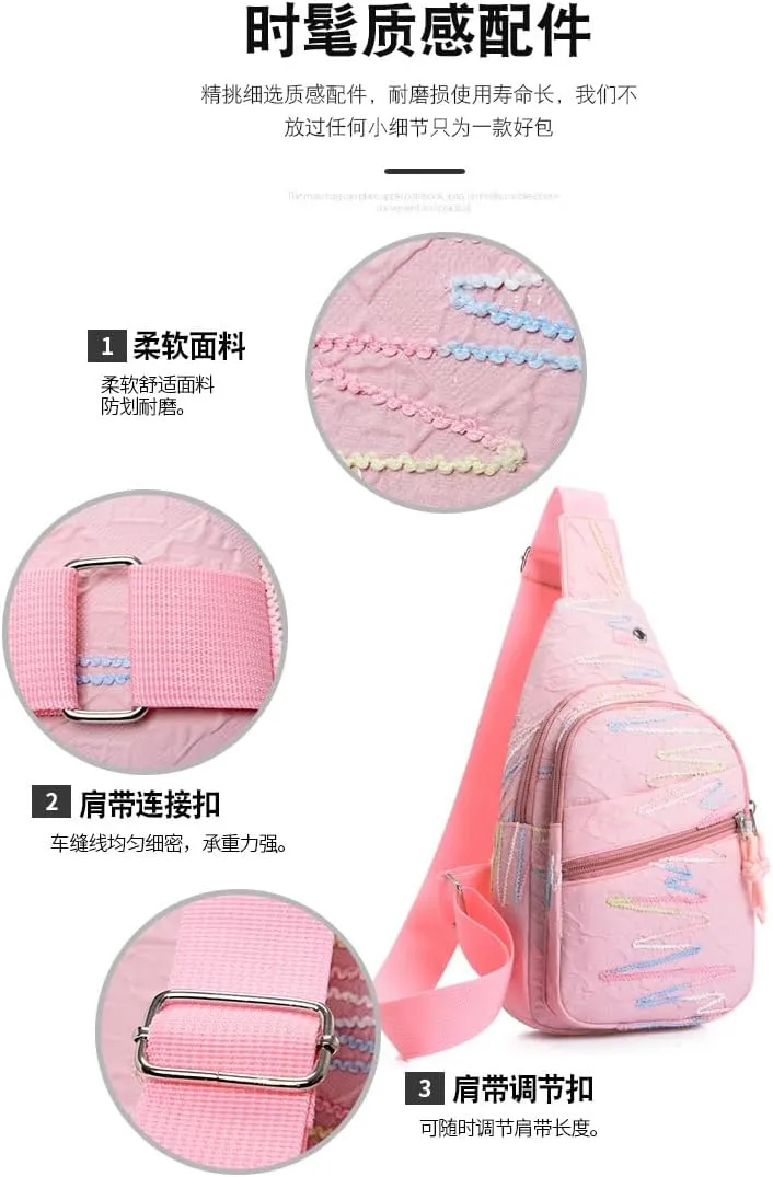 Sling Backpack, Pink Pastel Crossbody Bag with Decorative Stitching, Multi-Pocket Design (white)