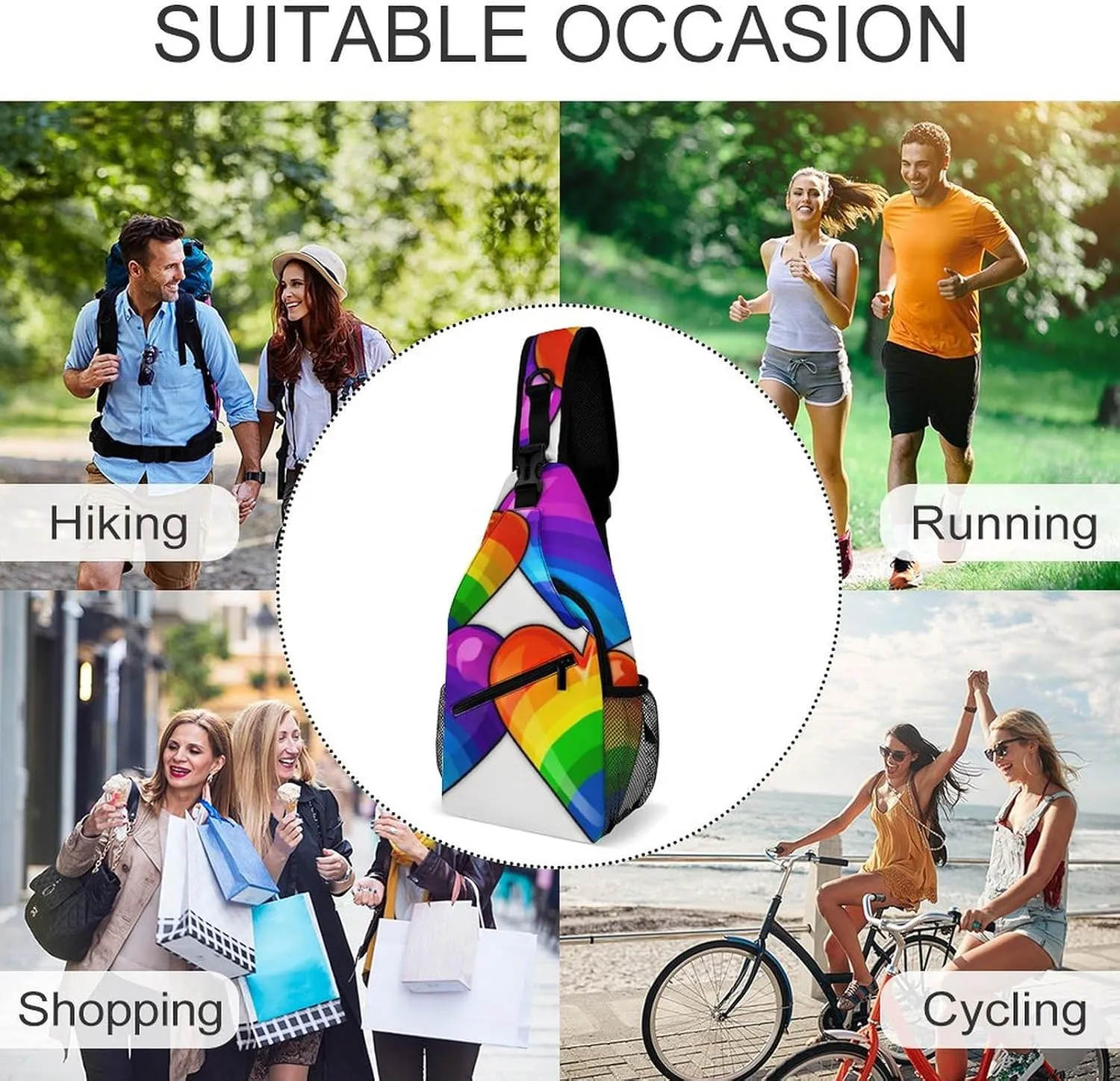 Sling Bag for Women Travel Crossbody Rainbow Colored Gay Pride Hearts Fanny Pack Casual Daypack Cross Body Chest Bag, 38x20cm