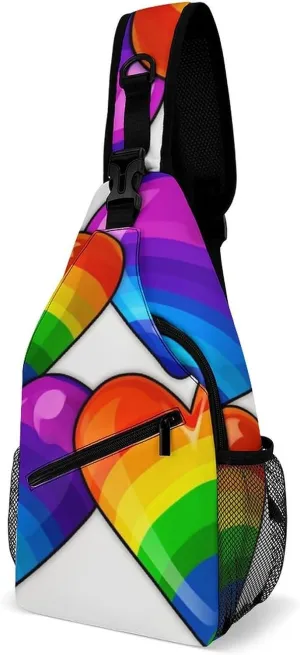 Sling Bag for Women Travel Crossbody Rainbow Colored Gay Pride Hearts Fanny Pack Casual Daypack Cross Body Chest Bag, 38x20cm