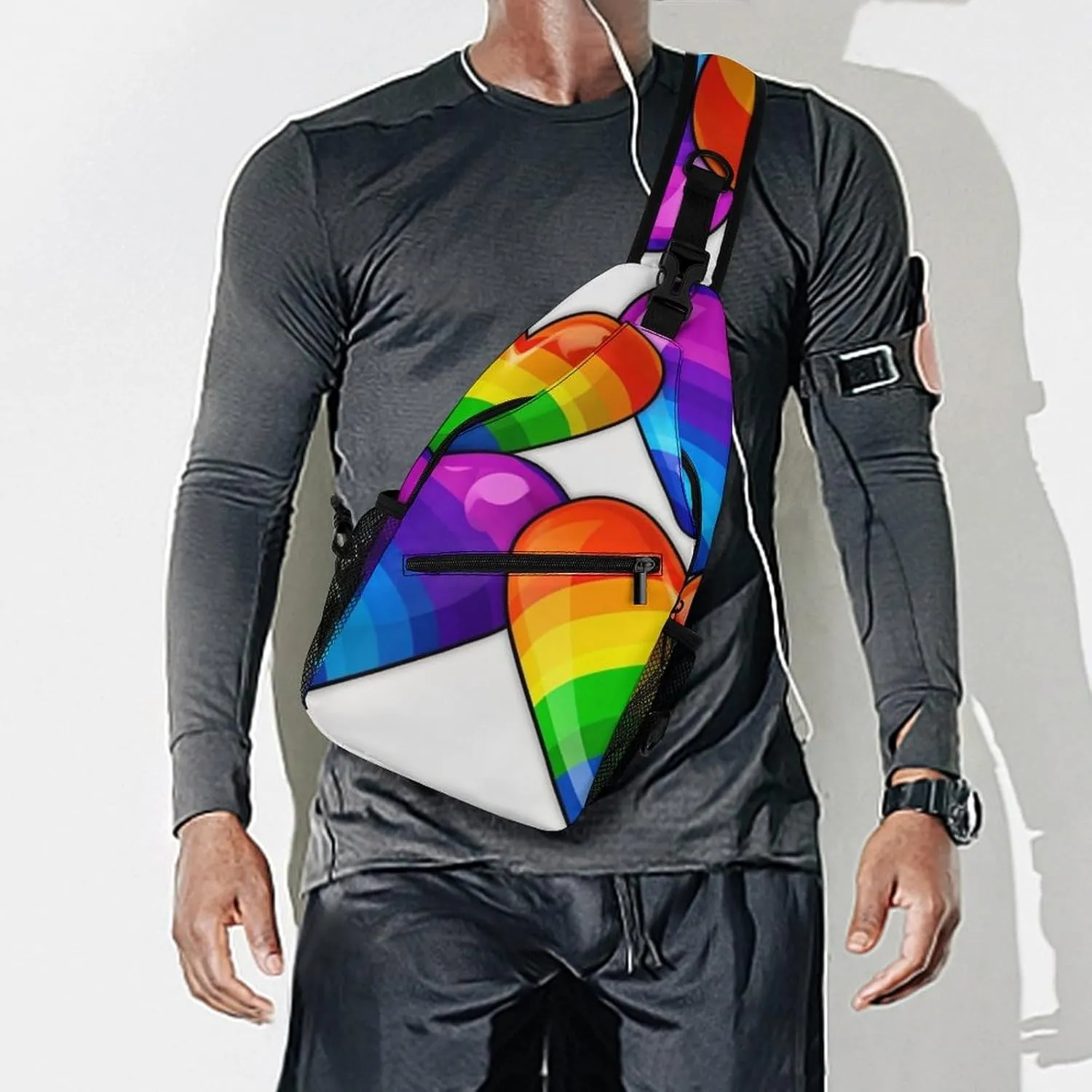Sling Bag for Women Travel Crossbody Rainbow Colored Gay Pride Hearts Fanny Pack Casual Daypack Cross Body Chest Bag, 38x20cm