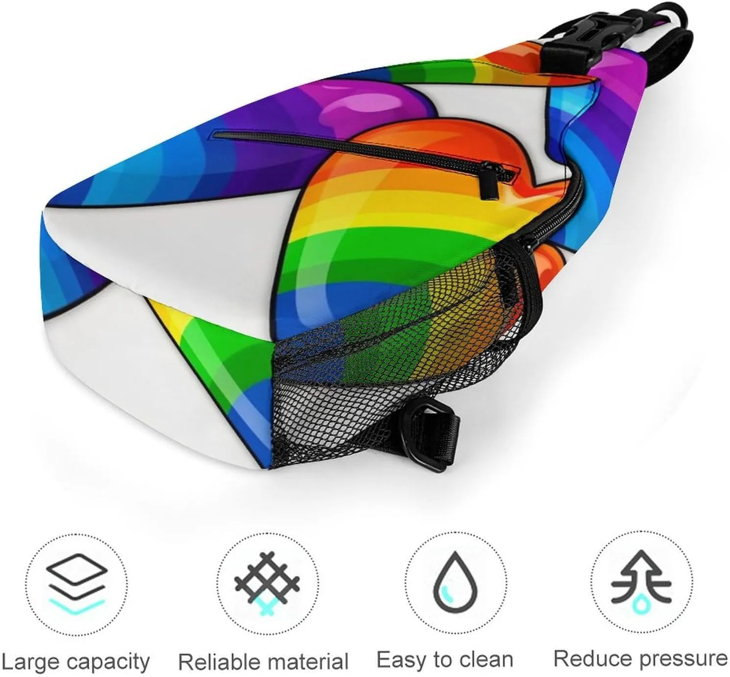 Sling Bag for Women Travel Crossbody Rainbow Colored Gay Pride Hearts Fanny Pack Casual Daypack Cross Body Chest Bag, 38x20cm