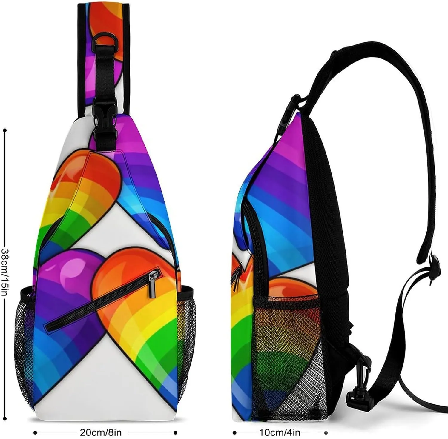 Sling Bag for Women Travel Crossbody Rainbow Colored Gay Pride Hearts Fanny Pack Casual Daypack Cross Body Chest Bag, 38x20cm