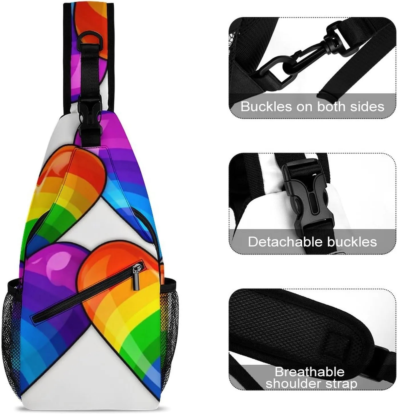 Sling Bag for Women Travel Crossbody Rainbow Colored Gay Pride Hearts Fanny Pack Casual Daypack Cross Body Chest Bag, 38x20cm