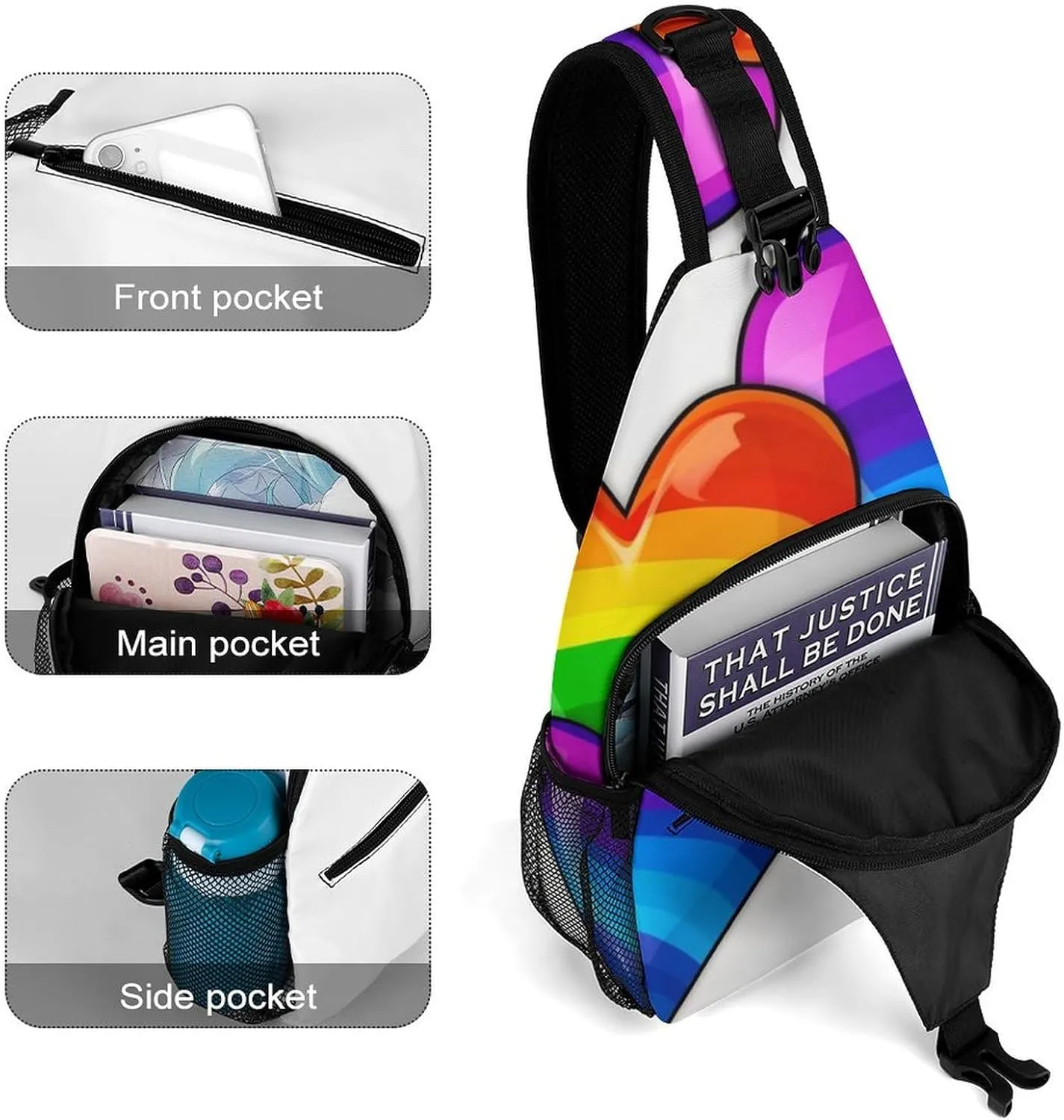 Sling Bag for Women Travel Crossbody Rainbow Colored Gay Pride Hearts Fanny Pack Casual Daypack Cross Body Chest Bag, 38x20cm