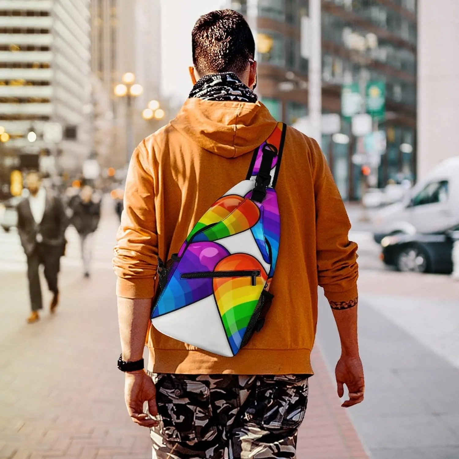 Sling Bag for Women Travel Crossbody Rainbow Colored Gay Pride Hearts Fanny Pack Casual Daypack Cross Body Chest Bag, 38x20cm