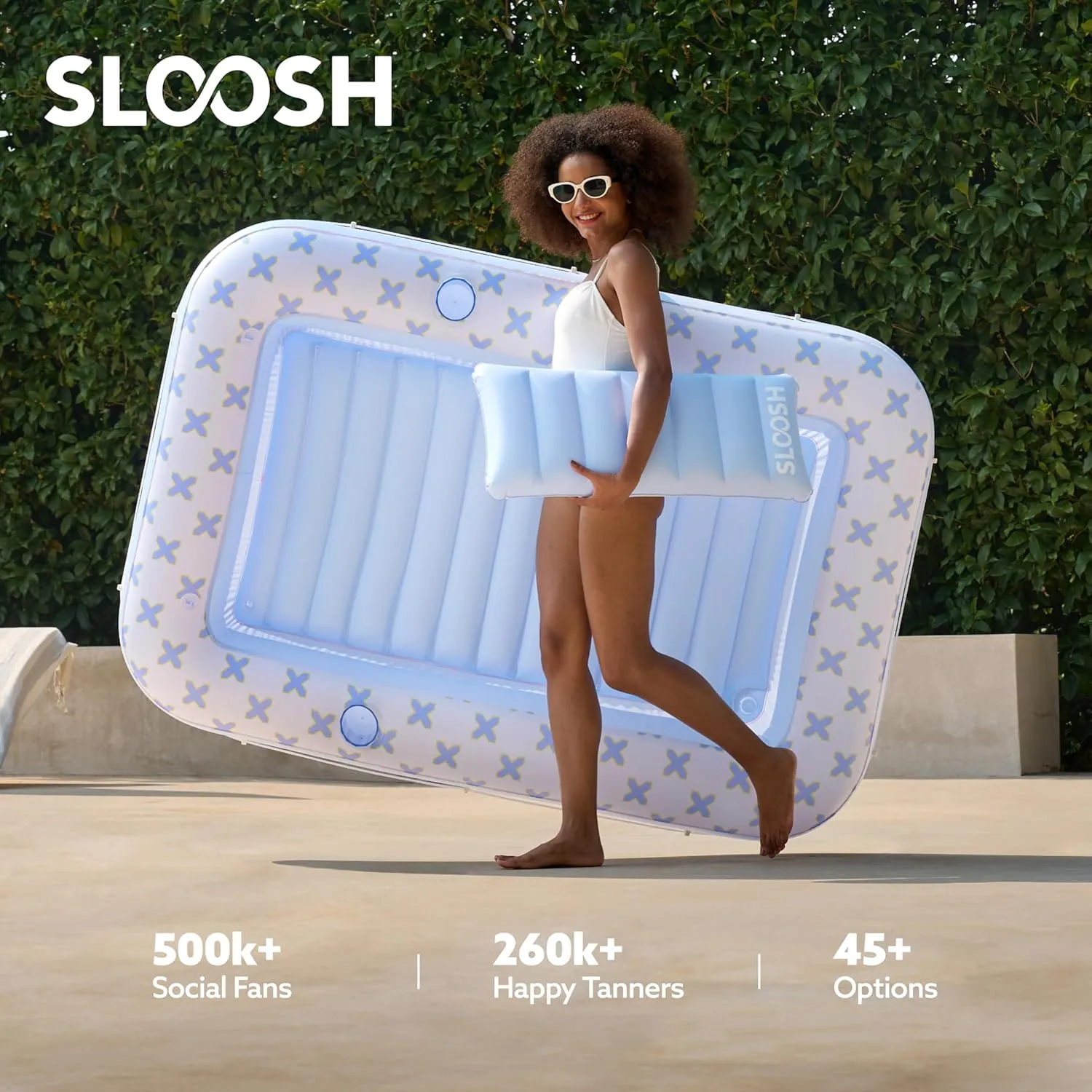 SLOOSH Inflatable Tanning Pool Lounger Float, 70" x 46" Pool Floats Adult with Pillow, 4 in 1 Suntan Tub Raft Floatie,Sunbathing Bed Lounge for Water Blow Up Ball Pit Party Gifts, Blue Breezestar