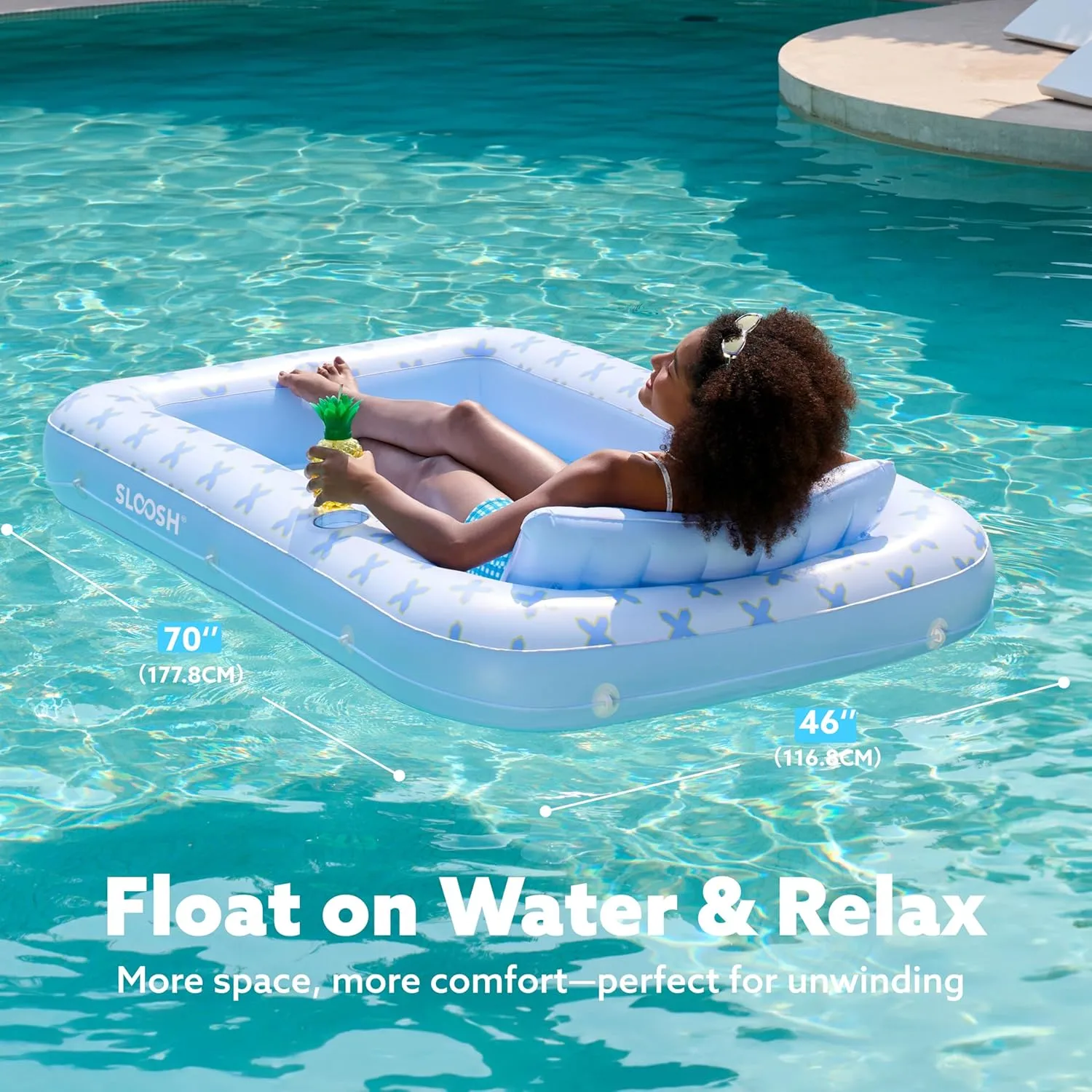 SLOOSH Inflatable Tanning Pool Lounger Float, 70" x 46" Pool Floats Adult with Pillow, 4 in 1 Suntan Tub Raft Floatie,Sunbathing Bed Lounge for Water Blow Up Ball Pit Party Gifts, Blue Breezestar