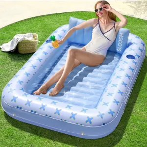 SLOOSH Inflatable Tanning Pool Lounger Float, 70" x 46" Pool Floats Adult with Pillow, 4 in 1 Suntan Tub Raft Floatie,Sunbathing Bed Lounge for Water Blow Up Ball Pit Party Gifts, Blue Breezestar