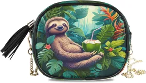 Sloth Coconut Tropical Crossbody Bags for Women Small Purses Leather Crossbody Bag Handbags Purse with Detachable Chain Cell Phone Purse Clutch Purses Evening Bag