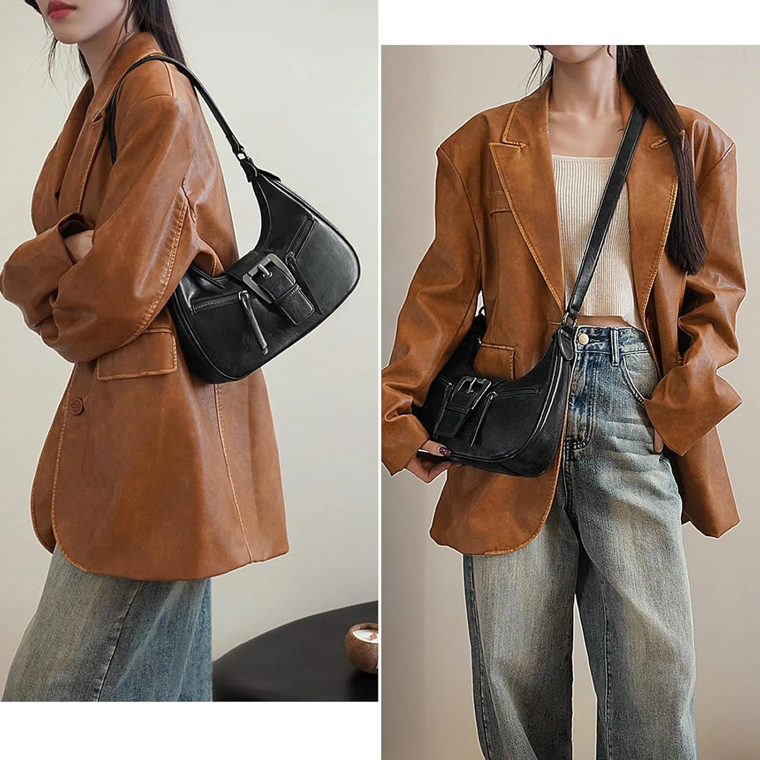 Small Purses for Women Trendy Shoulder Bag Casual Hobo Y2K Buckle Handbag Vegan Leather Crossbody Bag Underarm Bag
