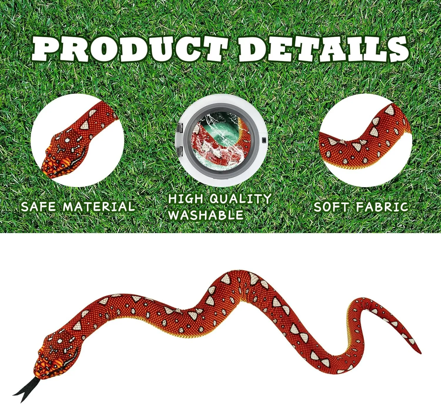Snake Plush Toy, 59'' Large Washable Simulated Snake Plush Cuddle Toy, Soft and Cute Children's Gift for Boys and Girls, Birthday Party Gift Prank Prop, Python Mangrove Red