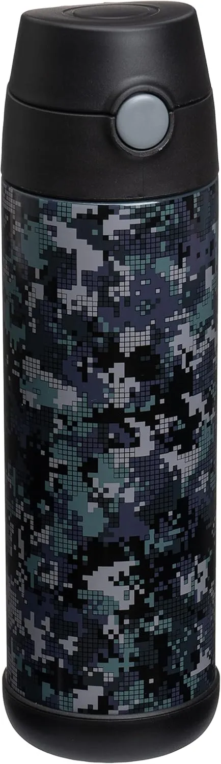 Snug Kids Water Bottle - insulated stainless steel thermos with straw (Girls/Boys) - Black Digi Camo, 17oz