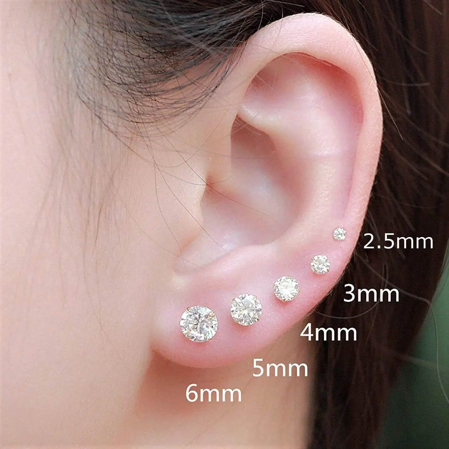 Solid 10k White Gold Solitaire Round Cubic Zirconia Stud Earrings in Secure Screw-backs