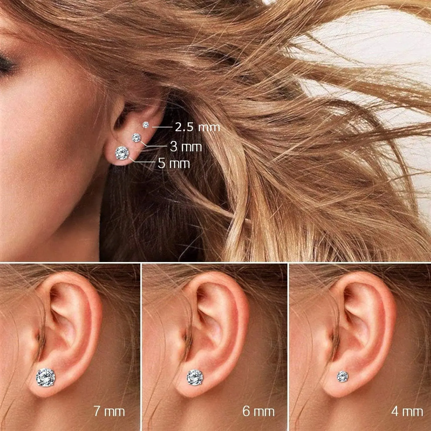 Solid 10k White Gold Solitaire Round Cubic Zirconia Stud Earrings in Secure Screw-backs