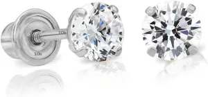 Solid 10k White Gold Solitaire Round Cubic Zirconia Stud Earrings in Secure Screw-backs