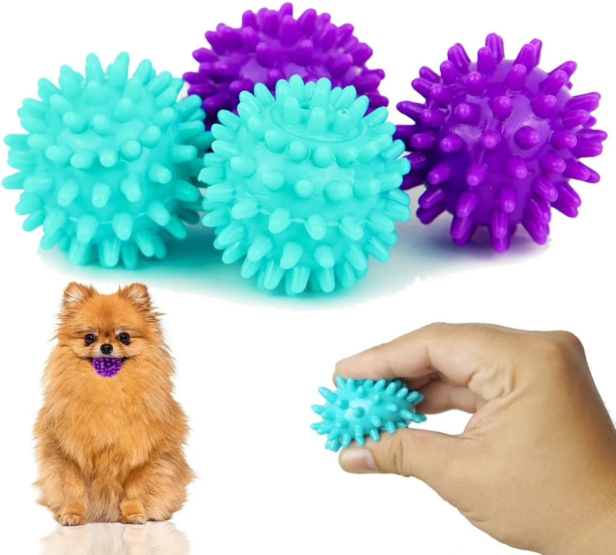 Spiky Dog Ball 1.8 Inch Squeaky Toy for Small Dogs Aggressive Chewers Puppy Teething Toys Dog Spike Ball for Training and Teeth Cleaning - 4 Pack