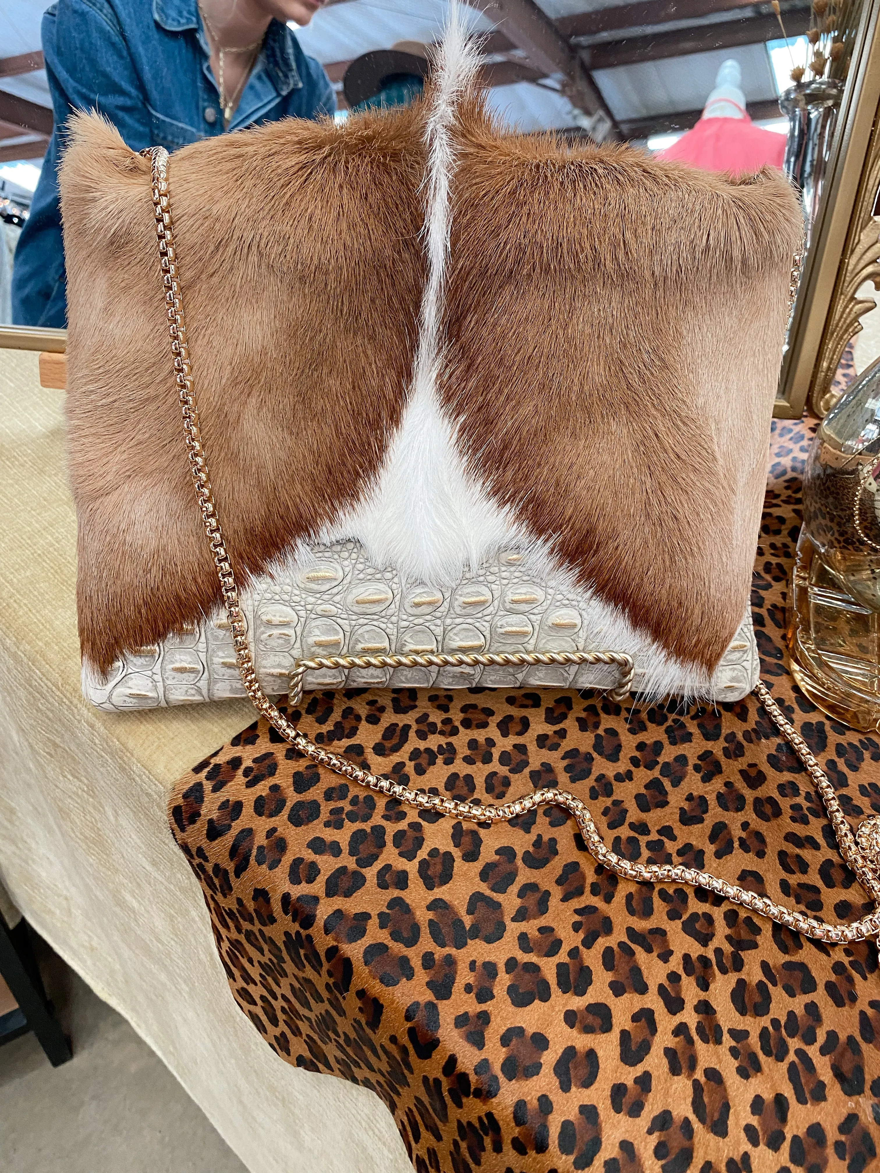 Springbok With White/Gold Croc Body Clutch