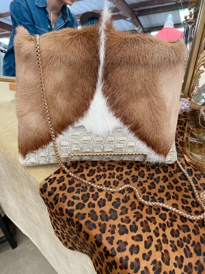 Springbok With White/Gold Croc Body Clutch
